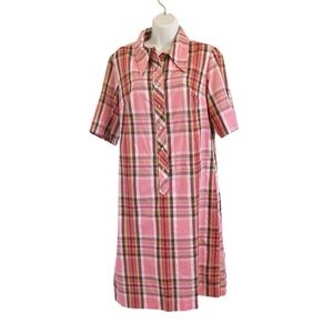 Lady Bayard Vintage Pink and Brown Plaid Midi Shirt Dress Housecoat Size 14